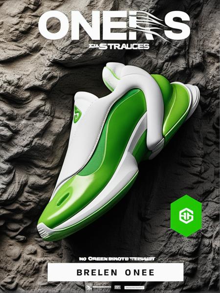 AI shoes, no humans, english text, logo, a poster for a shoe brand with a green and white shoe on a rock background with a green and white one, grass, no_humans, outdoors, nature