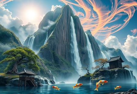 there is a tall waterfall, majestic water fall, the water fall is coming out of a mountain, Chinese mountains, there is moss growing on the mountains, small bonsai trees on the mountain, water mist, sun in the sky, sun behind clouds, water basin at base of cliff, small hut at base of cliff, small hut next to water fall, fishing rack, fishing polls, basket, fishing spot on shore, coy fish, white orange and gold coy fish, coy fish jumping out of water, shore, clouds, swirling, vivid colours, blue, orange, pink, sky, ancient, overgrown, landscapes, intricate details, background colourful, cloud streams, dynamic, vibrant colours, high quality, detailed, realistic, beautiful, extreme detail, hyper realistic, dynamic light, expressive, digital media (artwork), hi res, masterpiece, RAW, photo, 8k, very sharp, very detailed, realistic, real, cinematic view, shaded, detailed shading, shading,