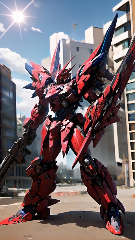 (RRS:1.5), a (((mecha))) with sleek and menacing design, holding weapon, mecha armor , glowing ,heroic parts, mechanical parts, robot joints
BREAK
best quality, masterpiece, highly detailed, ultra-detailed, (huge mechanical weapon:1.3),(detailed armor description:1.2),(detailed weapon description:1.2)
BREAK
sky, cloud,  battlefield, building, glowing_eyes, science_fiction, realistic, <lora:srd_v3e:0.6>