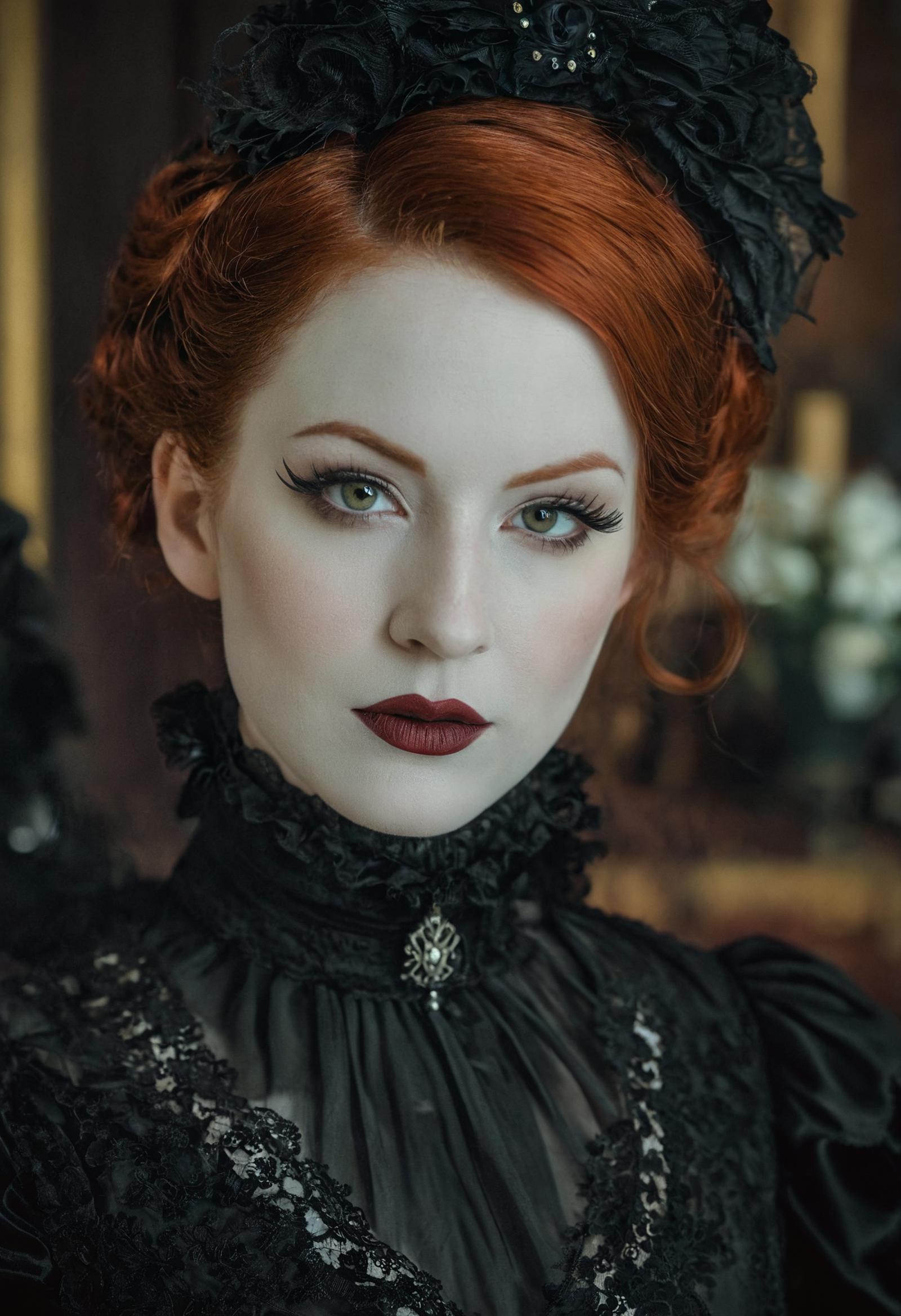 A young woman with red hair and green eyes wearing a black dress and a black hat.