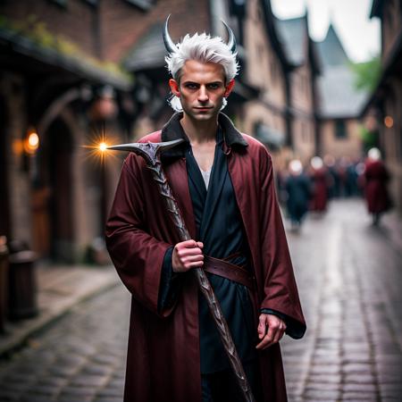 highly detailed analog photo of tiefling, 


male focus, solo, looking at viewer, 1boy, jacket, white hair, horns, staff, stubble, holding staff  full body, blurry, blurry background, realistic:1.3, depth of field, medieval street

masterpiece, best quality:1.1, 


depth of field:1.1, 
(analog photography:1.2),
(god rays:1.2),
(lens flare:1.2),



