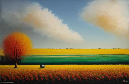 (style of Josh Adamski:1.1), scene painting,scenery,a painting, orchard ,field ,farm ,boscage ,coppice , Fen ,