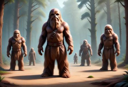 To create an image of obtaining Wroshyr wood from Kashyyyk, consider:
* A dense, vibrant forest with ancient trees
* Wookiees using primitive tools to harvest wood
* A lively atmosphere with community and cooperation
* Incorporate sounds and smells of the forest
* Convey respect and harmony between Wookiees and environment
* Showcase Wookiees' connection to nature and role as guardians
* Depict Wookiees' tools and equipment in a primitive yet effective way
* Emphasize community and cooperation among Wookiees
* Highlight Wookiees' understanding of the forest and its rhythms
* Create a sense of peace and tranquility in the image
* Inspire a sense of wonder and awe with the beauty of the forest
* Use rich textures and details to bring the image to life
* Ensure the overall mood is one of harmony and balance.