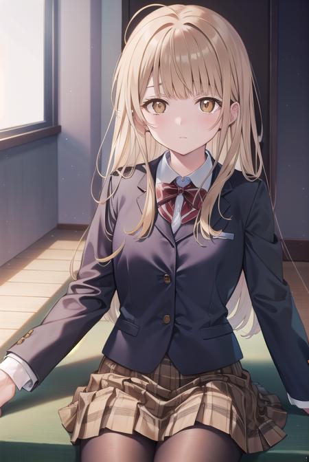 mahirushiina, <lora:mahirushiina-lora-nochekaiser:1>,
mahiru shiina, blonde hair, (brown eyes:1.7), long hair, 
BREAK black footwear, black pantyhose, blazer, bow, bowtie, collar, collared shirt, jacket, pantyhose, plaid, plaid skirt, pleated skirt, red bow, red bowtie, school uniform, shirt, shoes, skirt,
BREAK looking at viewer, full body,
BREAK indoors, classroom,
BREAK <lyco:GoodHands-beta2:1>, (masterpiece:1.2), best quality, high resolution, unity 8k wallpaper, (illustration:0.8), (beautiful detailed eyes:1.6), extremely detailed face, perfect lighting, extremely detailed CG, (perfect hands, perfect anatomy),