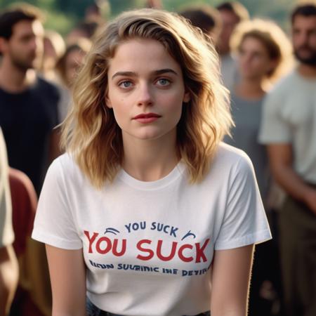 a photo of 32k uhd full body of unbelievably lovely young actress in romantic cinema film, a single sentence "YOU SUCK" on her white tshirt