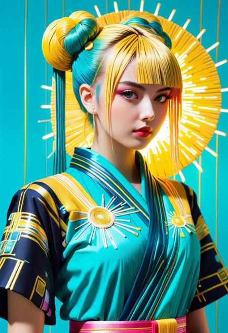 Straw thread
,score_9, score_8_up, score_7_up,1girl, solo,  painting of a cyberpunk woman wearing a Straw thread futuristic kimono in front of stylized Straw thread sun, Straw thread cybernetic implants, paint splashes, outrun, teal and yellow background