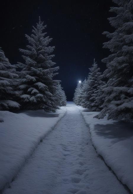 path to the bathhouse, 
cleared snow, 
night, 
snow, 
fir tree, 
black background, 
blizzard