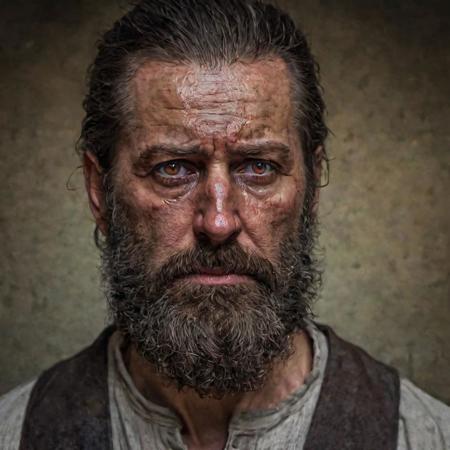 Create a realistic, high-detail, colored image set in the Old West era. Depict a man in his late-30s at the moment before his execution by hanging. He has a beard, slightly worn but not overly dirty clothing appropriate for the period, and dark eyes reflecting fear and regret. His face shows subtle wrinkles and a hint of grime, indicating a hard life. The scene should include a visible noose and an executioner in the background, emphasizing the context. Around him, a crowd of diverse individuals, including his family, displays a mix of suspense, sorrow, and empathy. The setting is around noon, with clear daylight accentuating the emotional intensity and the historical authenticity of the scene.