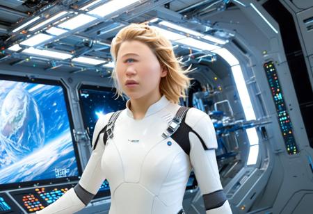 cyclopsgirl, thinmonobrow, "Imagine Lea Seydoux in a futuristic space station orbiting Earth, wearing a sleek, futuristic spacesuit with metal details and blue LED lights. She stands at the center of an intense scene, where bursts of light and sparks fly around her. Holographic screens float in the air, displaying critical data. Lea has a determined expression, her face illuminated by the glow of the control panels in front of her. In the background, other astronauts can be seen in action, with robotic arms and hovering drones. The space station itself is a mix of glass and metal, with a breathtaking view of Earth through a large glass window. <lora:Lea Seydoux SDXL:1.2>, Lea Seydoux, bleu eyes, woman, blond hair, skinny beautiful