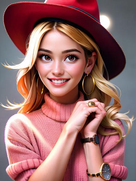 Realistic photo of a beautiful 3ll3m woman, 1girl,solo,long hair,looking at viewer,smile,blonde hair,hat,brown eyes,jewelry,earrings,teeth,grin,sweater,ring,watch,realistic,wristwatch,red sweater,soft lighting, professional Photography, Photorealistic, detailed, RAW, analog, sharp focus, 8k, HD, high quality, masterpiece<lora:3ll3m:1.0>