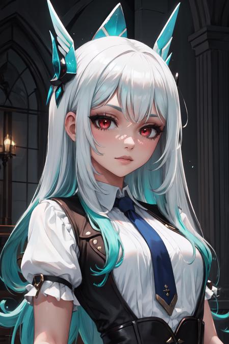 Highly detailed, High Quality, Masterpiece, beautiful, solo, 1girl, white hair, red eyes, long hair, shirt, white shirt, upper body, <lora:DipDyedHair:1>, aqua IncursioDipDyedHair