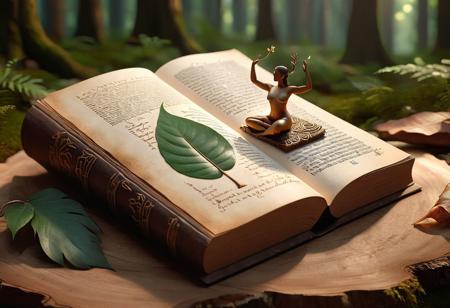A realistic image of an ancient magical book. A special font, similar to ancient handwriting, gives a sense of authenticity. Spectacular vector illustrations of magical creatures, breathtaking landscapes and fantastic architecture decorate the page. Micro-interactive animations bring life to the page, such as the light flickering of light on top of the writing or the gentle movement of magical creatures.
Semi-realistic figures emerge from the book, with detailed human and animal figures and a forest environment (oil on canvas, deep greens and earthy browns, rough canvas texture, thick and thin brushstrokes, a sense of calm and focus). Composition: A central figure in a yoga pose surrounded by a lush forest. The figure's body consists of rounded shapes reminiscent of the shapes of trees and leaves.
The forest is depicted realistically, with an emphasis on details such as tree bark, leaves and flowers. Lighting: the central figure is lit with soft and natural light, which creates a sense of focus and peace. The forest is illuminated by filtered sunlight and creates a calm and mysterious atmosphere. Feelings: a feeling of deep connection to nature and the living world, and the peace and focus that come from practicing yoga. Technical details: Aspect ratio: 3:2 Resolution: 4K Canvas texture: Rough brush strokes: thick and thin, in a variety of textures and shapes
