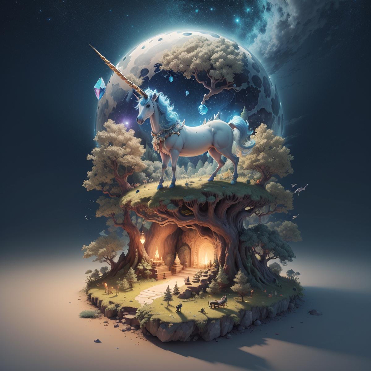 A fantasy scene with a unicorn, a moon, and a forest.