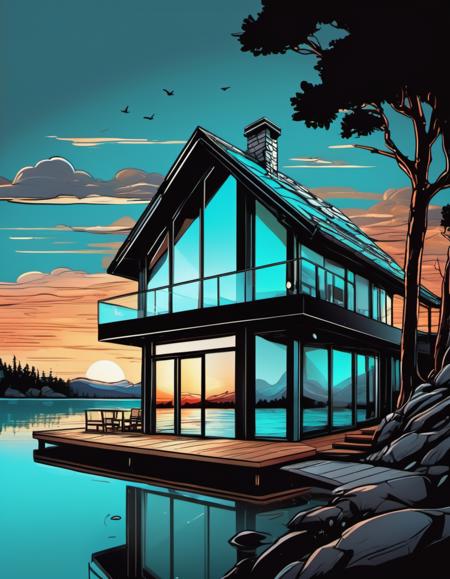 breathtaking vector cartoon illustration of  Lakehouse made of glass, from inside the house watching the sunset, house is elegant, black, and white style, teal art <lora:Vector cartoon illustration-000008:1>