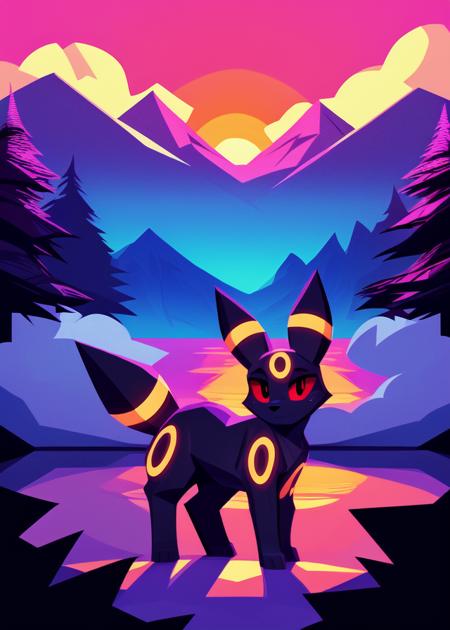 (low poly, by Riendonut, by Combos-N-Doodles, by Oskar Fischinger, by Kiseff),
(solo chibi quadruped feral umbreon, red sclera, black dot eyes),
(three-quarter view, full-length portrait, three-quarter portrait, looking at viewer),
(vaporwave, glowing, forest, sunset, water, cloud, mountain:1.25),
(detailed background, depth of field, shadow, ambient silhouette, backlighting)