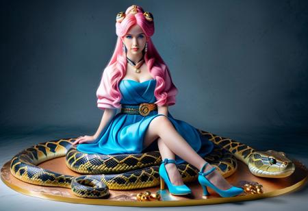 lazypos, made of cake, masterpiece, best quality,high quality, newest, highres,8K,HDR,absurdres, 1girl, delicate hanfu, animal, blue eyes, crossed legs, giant snake, girdle, high heels, jewelry, long hair, oversized animal, pink hair, snake, looking_at_viewer, Epic,Great,Motherly,sacred, Petting the snake head
