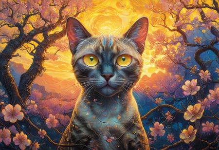 PsychadelicChaos, absurdres, high resolution, detailed, stylized by Alex Ross, Marc Silvestri, photograph, close up of a In a surreal landscape, the iconic Siamese Cat psychadeliced in a vibrant Enticing Yellow psychadelic is seen in front of a backdrop of cherry blossom flowers. at Sunset, Light, Gadgetpunk, Cold Lighting, Kodak portra 800, 80mm, One Color, <lora:Upgraders\Detail Tweaker XL:1.0>, <lora:Challenge\aidmaPsychadelicChaosWorldMorphXL-V0.1:1.0>