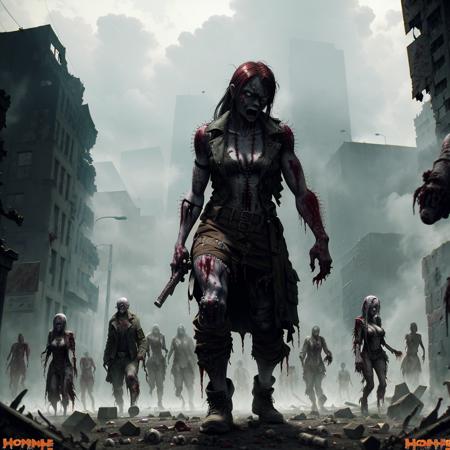 <lora:ApocalypseEngine2:0.9> ((zombie, zombie horde, corpses, blood, gore)),semi-realistic, masterpiece, highres, highly detailed, Post-apoc, postapoc-raider, (crowd, distant_character, battle, warfare, rubble), street, road , ruined_cityscape, weapon, smoke, fog, dust