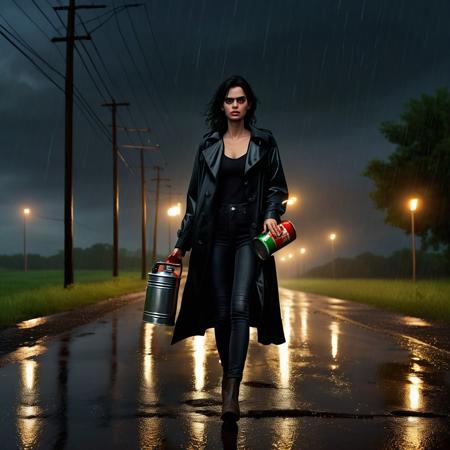 A young woman walking along a desolate country road in the middle of nowhere at night in drizzling rain. She is wearing black jeans and a dark trench coat. Her dark hair is soaking wet from the rain. In her hand she is holding a gasoline can indicating that she have run out of gas and is walking to find a place to get some spare gas.