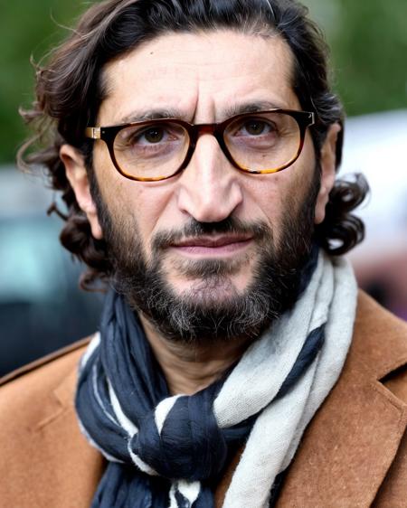 <lora:Fares_FaresSD15:0.8> (Fares Fares:1.3), portrait photo of a man, front view, on a movie premiere, happy, messy medium length hair, age:50, scarf, glasses, skin detail, natural lighting sunlight, 4k uhd, dslr, soft light, high quality, Fujifilm XT3, long beard, closed mouth, lips, (beautiful eyes, iris, pupil:1.1), face birthmark