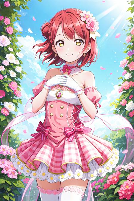 (best quality, masterpiece:1.2), detailed image, 1girl, solo, (cowboy shot:1.2), outdoors, sky, sunlight, smile, happy, pov,
<lora:A_YUIP Dress:0.8>, yuip dress, uehara ayumu, yellow eyes, pink hair, white gloves, white thighhighs, half updo, hair flower, single hair bun, medium hair, pink dress, detached sleeves, pink footwear, hair ribbon, hand_on_own_chest,
flower_arch, arch, in front of flower garden, standing,