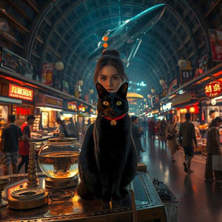 Setting is a futuristic shopping market at night in a huge domed building at night, the market is comprised of street vendors selling robot parts, food, weapons, and robots.  (((((CLASSICALLY STYLIZED LIGHTING AND ARCHITECTURE FROM CHINA INDIA JAPAN FRANCE EGYPT ROME AND GREECE))))), A gold fish bowl is on the table with a cat-fish) People wearing futuristic cyberpunk clothing are walking through the street market shopping and eating, A sleek black cat with red collar sits on a cluttered metal riveted desk with transparent top and micro-LED lighted computer components visible inside, On the desk is an ebony and gold maneki neko statue and futuristic art deco lighting, (((a beautiful woman, 24 years old, is standing in the foreground FACING THE VIEWER, she has an expression of interested curiosity)))))), the sleek black cat with red collar is sitting on the desk and watching the people walking by in the busy street market, the woman is dressed in futuristic cyberpunk ECLECTIC style yukata with a low neck line alluring aesthetic. An enormous art deco inspired starship with futuristic lighting and an enormous space station are visible in the background among the stars, The woman's hair is elegantly tied up with a ribbon. Artistic cyberpunk, dynamic perspective, (((overall architectural aesthetic is Art Deco Cyberpunk))).  Epic image that elicits a feeling of wonder and awe,