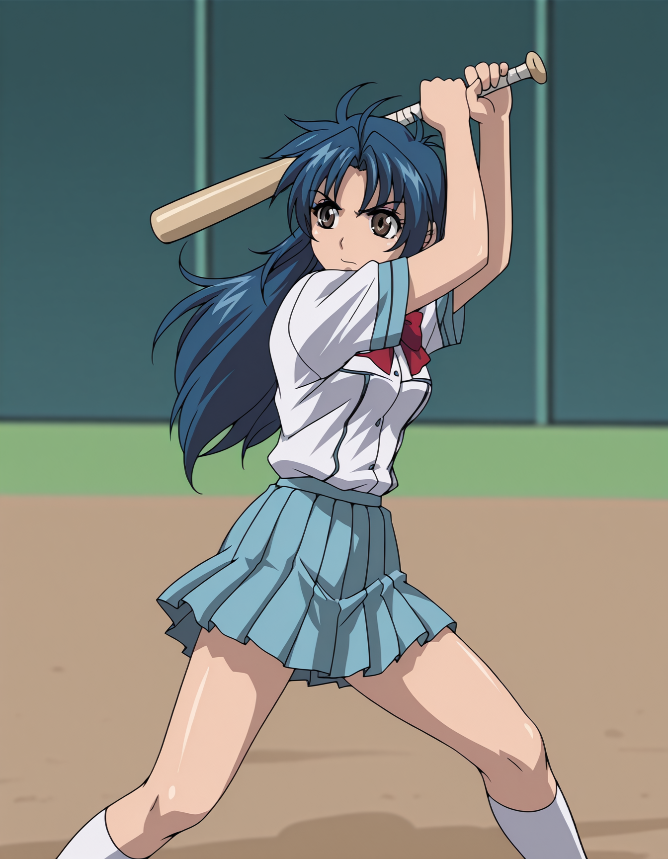 A young woman with brown eyes and dark blue hair depicted in a dynamic action pose with a baseball bat raised above her head and a determined look on her face. She is wearing a Japanese schoolgirl uniform, which consists of a white short-sleeved blouse with a red ribbon, a light blue pleated skirt, and white knee-high socks. The background is a simple, green wall with a brown dirt and a green outfield, suggesting a baseball field or training area. 