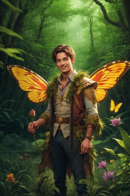 masterpiece, male fairy, wings, sparkle, glitter, enchanted forest, butterflies, vegetation, flowers, smile, looking at viewer, 8K, HDR