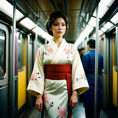 cinematic film still of Kodak Motion Picture Film: (Sharp Detailed Image) An Oscar winning movie for Best Cinematography a woman in a kimono standing on a subway train in Japan Kodak Motion Picture Film Style, shallow depth of field, vignette, highly detailed, high budget, bokeh, cinemascope, moody, epic, gorgeous, film grain, grainy