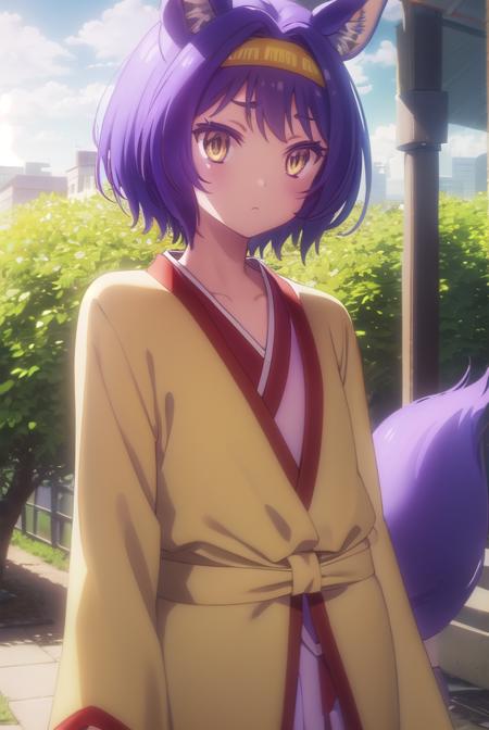 izunahatsuse, <lora:izuna hatsuse s1-lora-nochekaiser:1>,
izuna hatsuse, short hair, animal ears, purple hair, hairband, animal ear fluff, fox ears, slit pupils, (yellow eyes:1.3),
BREAK bow, tail, japanese clothes, wide sleeves, kimono, fox tail, short kimono,
BREAK outdoors, forest, nature, sun, sky, clouds, trees, river, grass,
BREAK looking at viewer, (cowboy shot:1.5),
BREAK <lyco:GoodHands-beta2:1>, (masterpiece:1.2), best quality, high resolution, unity 8k wallpaper, (illustration:0.8), (beautiful detailed eyes:1.6), extremely detailed face, perfect lighting, extremely detailed CG, (perfect hands, perfect anatomy),