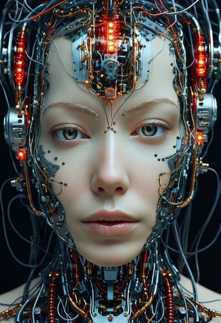 Wired cyborg, biomechanical depiction: A high-quality photograph showcases a woman's face, divided in two halves. The left half is a mechanical construct, resembling a futuristic cyborg or android with elaborate circuitry and wiring visible beneath her skin. This mechanical side features a dark metallic color, glowing red circuitry, and numerous miniature, glowing red lights, creating a mysterious and otherworldly look. In contrast, the right half of her face appears human, with a pale complexion that conveys a sci-fi horror aesthetic.