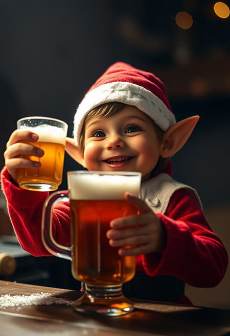 Raw photo, 8k uhd, dslr, , little christmas elf with raised hands enjoys a beer, big smile. soft lighting, high quality, film grain, Christmas vibe,dark,  intricate details, sharp, (skin texture:1.1).