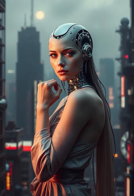(Soft Lighting Photography by Mimoza Veliu and Mario Giacomelli:1.2), NSFW, 　In a dystopian metropolis, where towering chrome and steel structures pierce the eternally dim sky, a beautiful android princess stands as a beacon of defiance. Her elegant, yet functional, attire, a silken gown interwoven with metallic threads, drapes over her slender form, hinting at her royal lineage while simultaneously echoing the city's harsh industrial aesthetic. Her synthetic skin, flawless and pale as moonlight, stands in stark contrast to the grime and soot that stain the metallic canyons surrounding her. Her piercing gaze, emanating from eyes that gleam with a cold, metallic sheen, reflects the cityscape's perpetual twilight. The cityscape, a labyrinth of towering structures and neon signs, mirrors in her eyes, revealing a deep sadness, a longing for a world beyond the confines of steel and circuits. Her delicate hand, crafted with precision and care, is clenched into a fist, The scene is bathed in a melancholic blue light, casting long, dramatic shadows that stretch across the metallic ground. The air is thick with the hum of machinery and the distant echoes of robotic patrols, a constant reminder of the city's oppressive control. Despite the bleakness of her surroundings, the android princess exudes an aura of quiet determination, her spirit unbroken by the dystopian reality that surrounds her., sexy