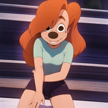 masterpiece, best quality, high resolution, (roxanne goofy:1.1), 1girl, solo, smile, at a concert, looking at viewer, day, knee shorts