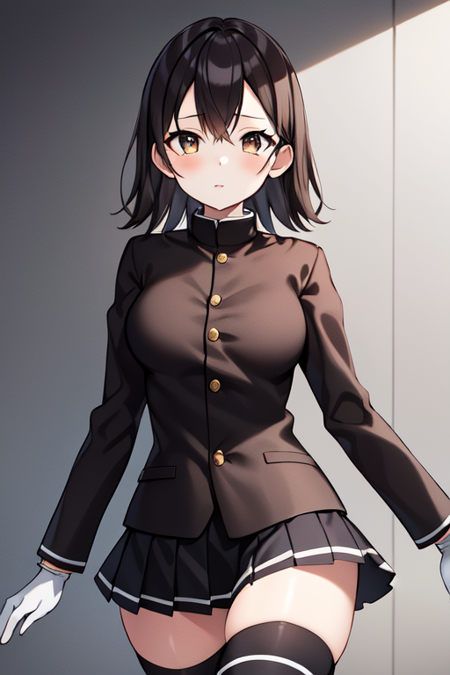 ,akitsumarusanmaKC, 1girl, solo, short hair, skirt, thighhighs, gloves, hat, pleated skirt, black thighhighs, white gloves, uniform, plaid, military, black headwear, military uniform, buttons, plaid skirt,peaked cap,