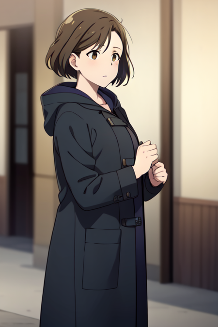 numatamineko, brown eyes, a woman standing in a parking lot wearing a black coat and a blue hoody, 1girl, solo, blurry background