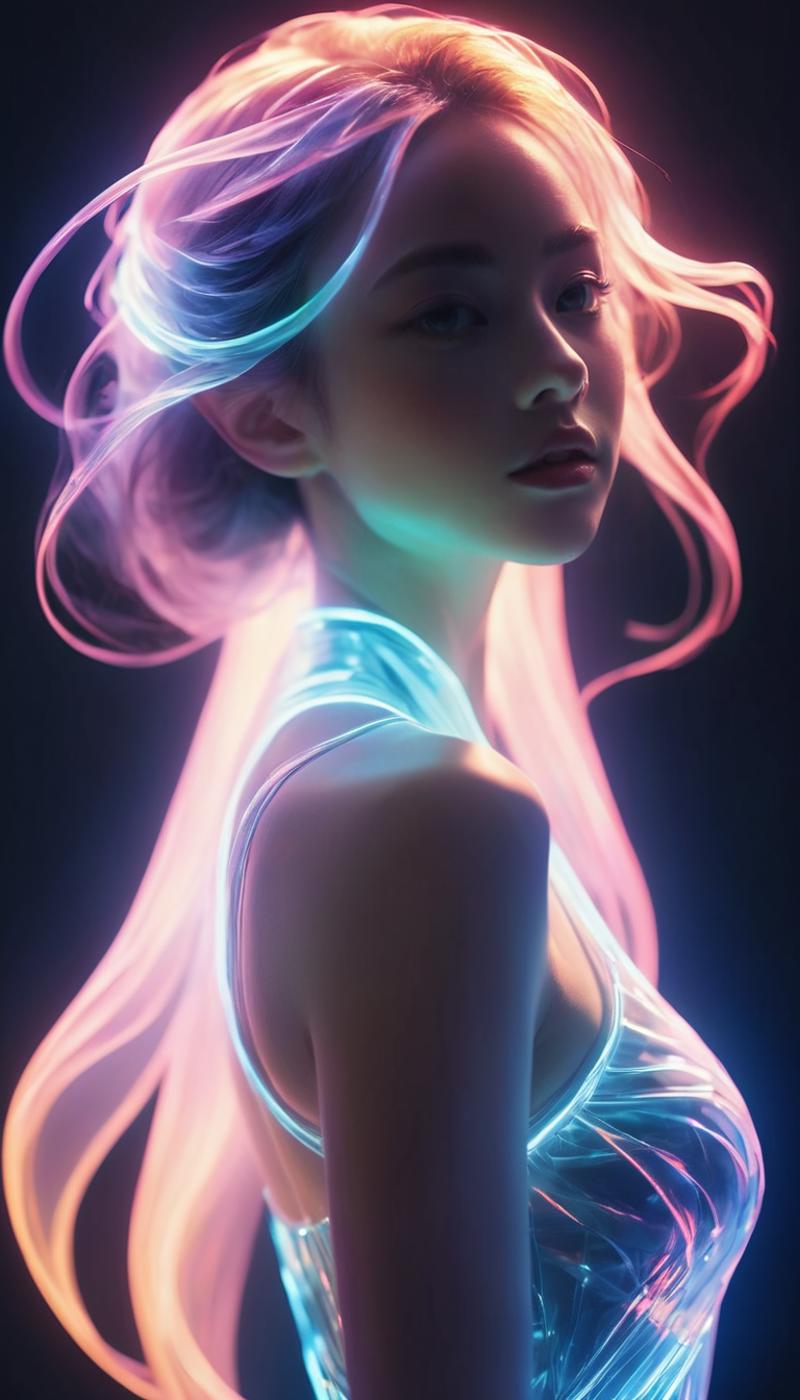 Digital Art Illustration of a Woman with Pink and Blue Hair and Neon Light Effects