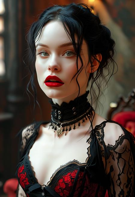 (masterpiece, high resolution, photo-realistic:1.2), breathtaking vampire woman, (ethereal pale skin:1.4), (raven black hair:1.2), (crimson red lips:1.1), (fierce dark eyes:1.1), (sexy black lingerie:1.3), (sensual lace details:1.1), (sharp fangs:1.2), (graceful neck:1.1), (elaborate black choker:1.2), (elegant black gloves:1.1), (long and slender fingers:1.2), (sexy high heels:1.1), (alluring gaze:1.1), (come-hither expression:1.2), (dark and moody atmosphere:1.1), (shadowy lighting:1.2), (dramatic red eyeshadow:1.1), (dark red lipstick:1.1), (close-up shot:1.1), (looking directly at camera:1.2), (slightly parted lips:1.1), (hint of fangs:1.2)