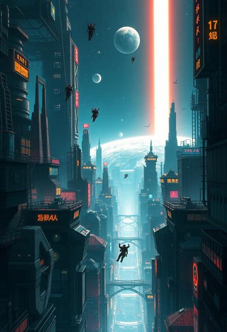 futuristic city, noir cyberpunk, people flying,  madness, high-tech buildings, vertical beam of light from the earth into space in background, anime, view from above, very bright colors, highly detailed,