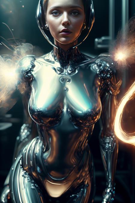 <lora:metal2:1.4>, <lora:AntimatterTech:1.4>, cyborg 1girl, mirror skin, liquid medal girl, antitech, ((body radiates light particles)), chaos, factory, full length photo, One hand behind the head pose,raw photo, masterpiece, Photorealistic, highly detailed, realistic, intricate, beautiful, smooth, sharp focus, atmospheric lighting, cinematic lighting, (insanely detailed:1.4), (extremely fine details:1.35), a detailed masterpiece by Ralph McQuarrie,Agnes Cecilemasterpiece by Agnes Cecile