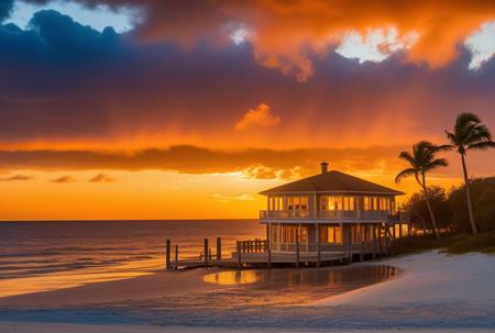 sunset, Florida, Sarasota, real estate, dramatic sunset, clouds, golden hour, golden ratio composition,  intricate detail , 8k, , dynamic, cinematic, ultra-detailed, full background,  epic location, vacation photography, magical location, epic, sparkle, glitter, scenery, ((no humans)), drizzle, beautiful, (shiny:1.2), monolithic, bloom:0.4, sparkle, extremely detailed, multicolored fire theme, alluring lighting, rim lighting, HD. Photography real estate photography by Larry Hanna, Jason Miller, Anthony Dimaano, Alex Tonetti, Shawn Talbot.