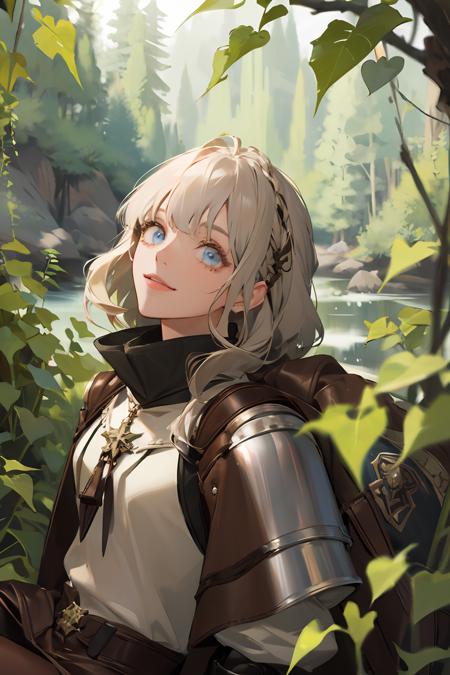 (absurdres, highres, ultra detailed), 1girl, solo, extremely detailed eyes, colorful, highest detailed, portrait, looking up, solo, half shot, detailed background, detailed face, robin hood, light smile, sitting, medieval fantasy setting, high fantasy, brown furred leather clothes,  gloves,     enchanted forest, bushes, vines, ivy, rocks, river,     ferns, flowers, (butterflies:0.9), feathers, wildlife,