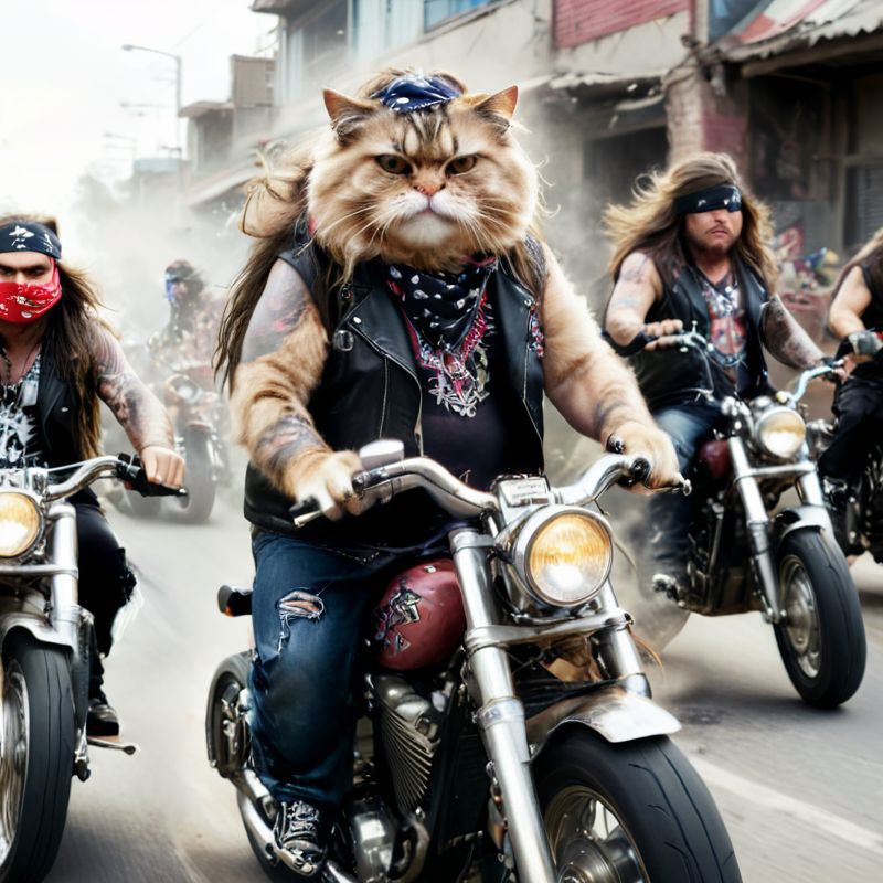 A group of people, including a man dressed as a cat, riding motorcycles down a street.