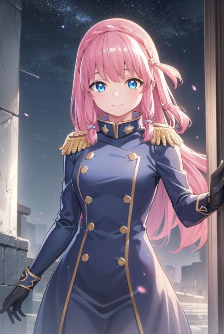 neiookawamura, <lora:nei ookawamura manga-lora-nochekaiser:1>,
nei ookawamura, long hair, blue eyes, hair ornament, pink hair, braid, smile,
BREAK gloves, boots, belt, skirt, uniform, military, military uniform, epaulettes,
BREAK outdoors, space, starry sky, star \(sky\), moon,
BREAK looking at viewer, (cowboy shot:1.5),
BREAK <lyco:GoodHands-beta2:1>, (masterpiece:1.2), best quality, high resolution, unity 8k wallpaper, (illustration:0.8), (beautiful detailed eyes:1.6), extremely detailed face, perfect lighting, extremely detailed CG, (perfect hands, perfect anatomy),