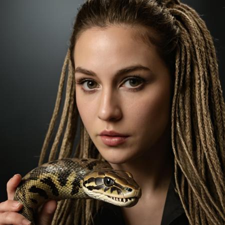 cinematic film still of cinematic film still of  <lora:Hyperrealism style:1> sharp detailed,
a woman with a snake head and a snake tail,1girl,solo,long hair,looking at viewer,simple background,parted lips,teeth,lips,piercing,black background,portrait,snake,realistic,dreadlocks,snake hair , realistic, real, photo real, cinematic, dramatic, film look, dramatic light, unreal engine, 3D computer graphics, hdr, Hyperrealism Style, medusa, shallow depth of field, vignette, highly detailed, high budget, bokeh, cinemascope, moody, epic, gorgeous, film grain, grainy