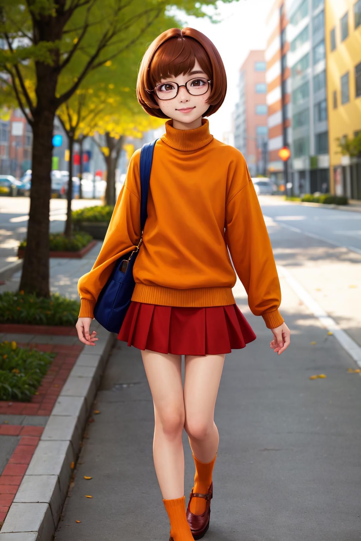 An Orange Sweater and Red Skirt Girl Walking on the Sidewalk