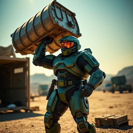 cinematic super realistic stunning visuals, Master Chief (from Halo) powerlifting a huge military metal supply container with one arm, extreme weightlifting, full body, low angle, showing off, heroic pose, wearing his green helmet and iconic power armor, extremely detailed, working out, open military base background, lens flare, color palette is warm and rich in saturation and contrast.
