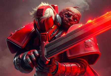 A Morphtronic Boomboxen wielding the Sword of Soul, paired with a captivating art portrait of a space marine, adorned with vivid godrays, gaining traction on Pinterest. This bright design, with its striking red hue, features a blond male and a grotesque, sentient meatloaf. The opaque visor, a nod to Warhammer 40K, exudes an ominous aura, while the detailed facial features, clothing, and harmonious colors create a striking masterpiece. Boosted by the power of Unreal Engine 5, Octane Render, and the Raphael style, this artwork conveys vivid emotions, a joyful impact, and a powerful message. All eyes are on this trending artwork on Artstation and CGSociety, with its smooth gradients, high contrast, and cinematic lighting. Available in 8K and HD resolution for a mesmerizing viewing experience.