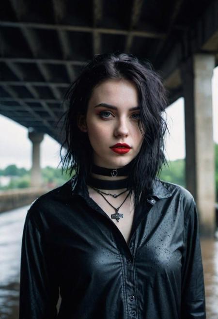 masterpiece, best quality, sharp focus, portrait, young woman, pretty, goth egirl, choker, pale skin, under a bridge, rainy day, (volumetric lighting)1.2, by lee jeffries, nikon d850, film stock photograph, 4 kodak portra 400, camera f1.6 lens, rich colors, hyper realistic, lifelike texture, dramatic lighting, cinestill 800