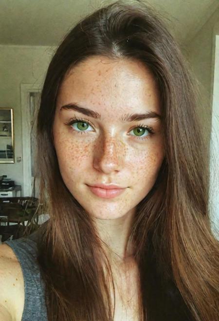 instagram selfie, upper body, a 23 year old gorgeous woman, slight smirk, detailed skin face and eyes, natural lighting, at home, long hair, low contrast, natural face, freckles, brunette hair, green eyes